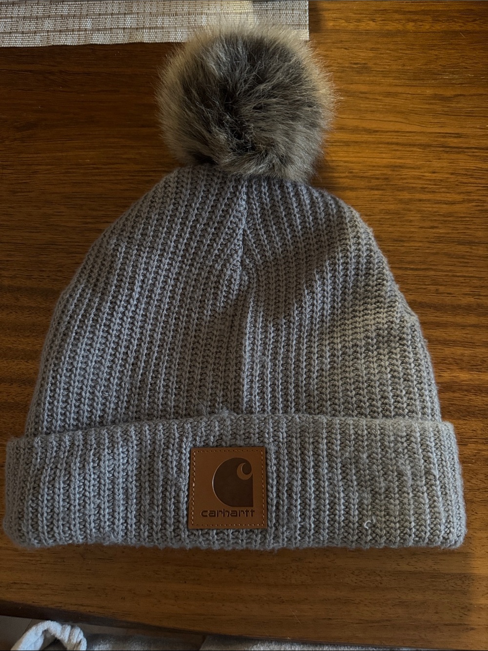 Carhartt Gray Knit Beanie with Faux Fur Pom